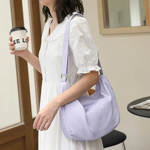 Women Korean Style Pleated Nylon Shoulder Bag Solid Color Crescent Hobo Bag Fashion Casual Crossbody Bag For Daily Use