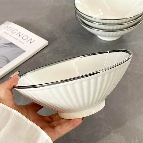 8 Inch Porcelain Ramen Bowl Nordic Minimalist Large Soup Bowl With Silver Trim Vertical Fluted Conical Pasta Bowl For Home Kitchen Dinnerware