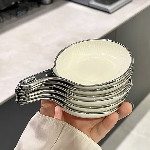Nordisch Minimalistisch Keramik Dipping Sauce Schalen Set Gestreifte Gewürzschalen Mit Griff Galvanisierter Silberrand Gewürzplatten Mit Halter