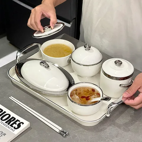Service de Table Moderne en Céramique Blanc Rayures Verticales Bordure Argentée Électroplaqué Vaisselle Maison