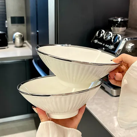8 Inch Porcelain Ramen Bowl Nordic Minimalist Large Soup Bowl With Silver Trim Vertical Fluted Conical Pasta Bowl For Home Kitchen Dinnerware