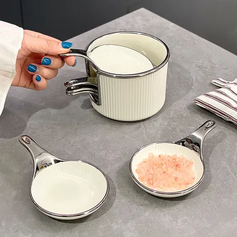 Nordisch Minimalistisch Keramik Dipping Sauce Schalen Set Gestreifte Gewürzschalen Mit Griff Galvanisierter Silberrand Gewürzplatten Mit Halter
