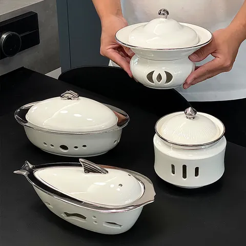 Ensemble De Plats Et Bols Chauffants En Céramique Créative Avec Couvercle Bordure Argentée Vaisselle