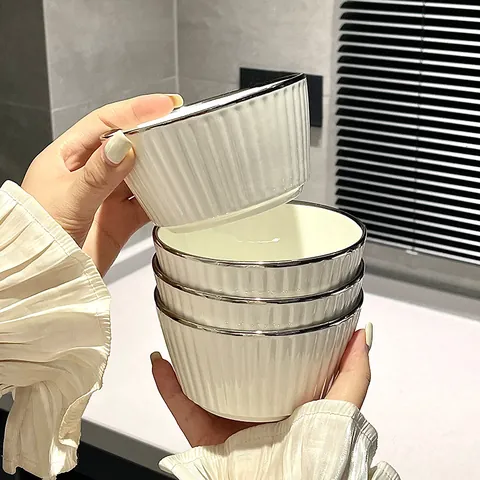 Modern Ceramic Fluted Rice Bowls With Silver Rim Minimalist White Porcelain Soup Dessert Bowl Home Kitchen Dining Tableware Luxury