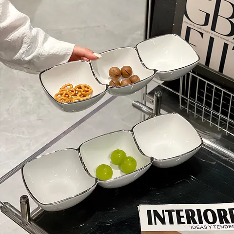 Minimalist Ceramic Three Grid Serving Bowl Silver Rim Porcelain Snack Dessert Fruit Platter Plate Dish Home Party