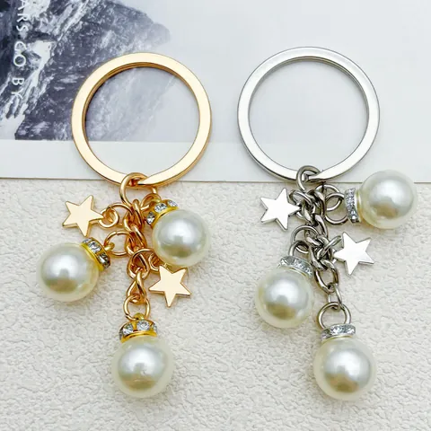 Niche Style Alloy Keychain Star Pentagram Pendant With Artificial Pearl Rhinestone Bag Charm Accessories Everyday Decorative Key Holder