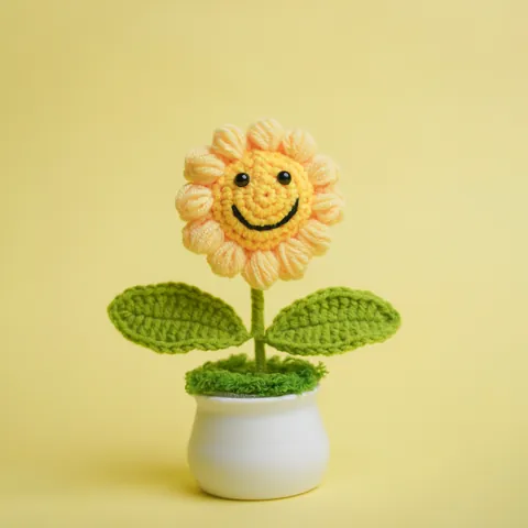 Handgemaakt Geweven Garen Zonnebloem Mini Potplant Keramische Basis Genaaid Smiley Gezicht Bloem Decoratie Voor Thuis Kantoor Graduatie Cadeau