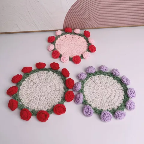 Handmade PP Crochet Flower Coaster Rose Pumpkin Small Flower Pattern Heat Insulation Table Mat Creative Gift Home Decor