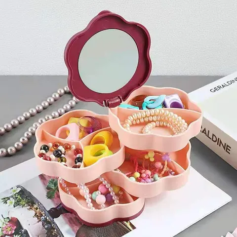 Joyero Rotativo Con Espejo Forma de Flor Organizador Multicapa Estuche de Almacenamiento Portátil para Pendientes Anillos Collares Mujer