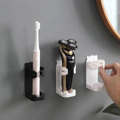 Support de Rasoir Électrique Mural sans Perçage Porte-Brosse à Dents Étagère de Rangement avec Trou de Charge en Plastique