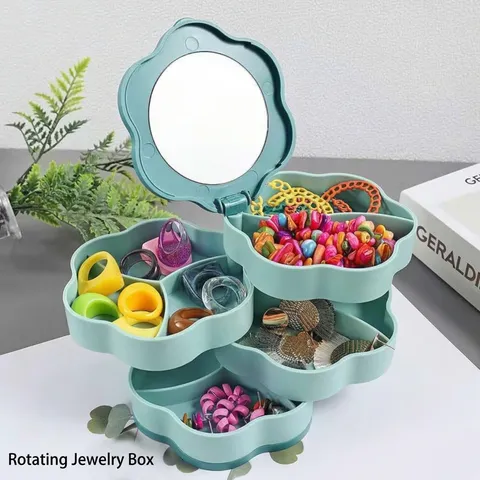 Joyero Rotativo Con Espejo Forma de Flor Organizador Multicapa Estuche de Almacenamiento Portátil para Pendientes Anillos Collares Mujer