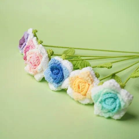 Handgemaakte Gebreide Rozenbloem Haakwerk Wollen Garen Puntige Verloopblaadjes Kunstbloem Voor Huis Tafeldecoratie Cadeau