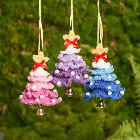 Handgehaakte Kerstboom Hanger Polyester Gebreide Feestdecoratie Met Ster Bel Linten Voor Auto Huis Feest Cadeau