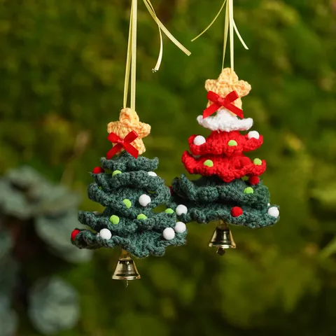 Handgehaakte Kerstboom Hanger Polyester Gebreide Feestdecoratie Met Ster Bel Linten Voor Auto Huis Feest Cadeau