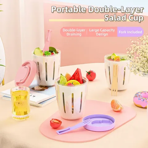 Portable Double Layer Salad Cup With Fork Sealed Draining Fruit Breakfast Cup Lunch Box For Office Picnic Student Storage