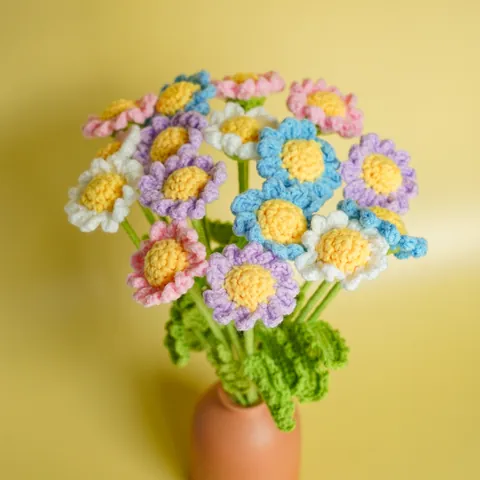 Handmade Crochet Knitted Daisy Flower Bouquet Artificial Everlasting Flowers Home Decor Gift For Friend Valentine's Day