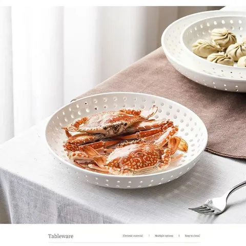 Keramiek Geperforeerd Stoomplaat Rond Afdruipplaat Voor Zeevruchten Dumplings Broodjes Minimalistisch Luxe Keuken Fruitbord