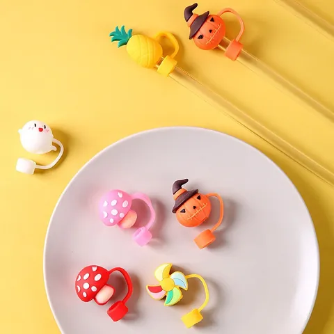Cute Cartoon Silicone Straw Cover Dust Cap Reusable Straw Topper For Straws Animal Fruit Shape Straw Tip Lid Protector Accessory
