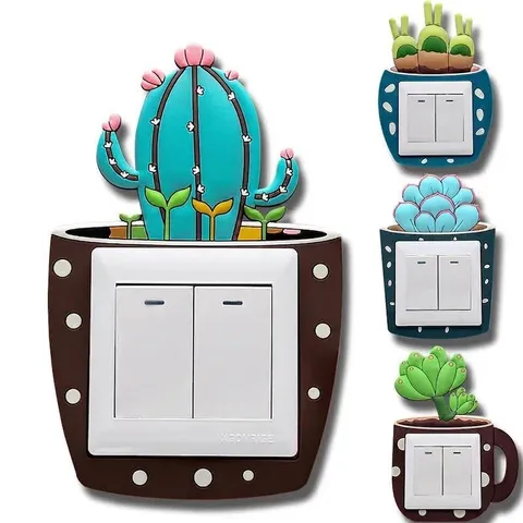 Adhesivo de Silicona Luminoso para Interruptor Dibujos Animados Cactus Suculenta Cubierta Protectora 3D Decoración de Pared