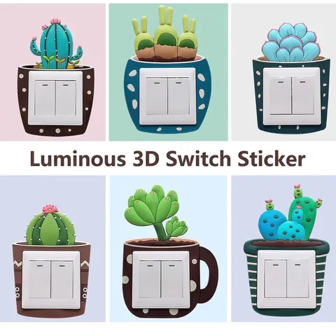 Adhesivo de Silicona Luminoso para Interruptor Dibujos Animados Cactus Suculenta Cubierta Protectora 3D Decoración de Pared