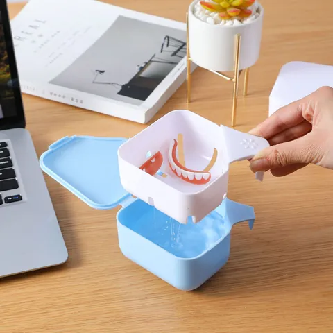 Portable Denture Bath Box Cleaning Case Cup With Strainer Drain Basket Retainer Storage Organizer For Braces False Teeth Elderly Oral Hygiene