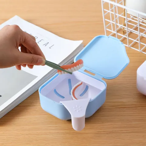Portable Denture Bath Box Cleaning Case Cup With Strainer Drain Basket Retainer Storage Organizer For Braces False Teeth Elderly Oral Hygiene