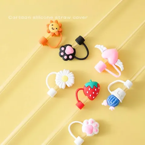Tapa Antipolvo de Silicona para Pajita de Dibujos Animados Pajita de Vidrio de Borosilicato Reutilizable para Oficina Hogar Accesorios para Bebidas