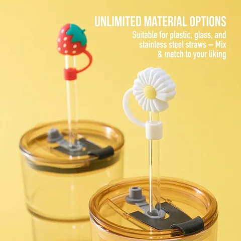 Tapa Antipolvo de Silicona para Pajita de Dibujos Animados Pajita de Vidrio de Borosilicato Reutilizable para Oficina Hogar Accesorios para Bebidas
