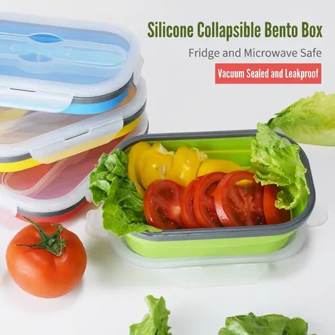 Silicone Collapsible Lunch Box With Spork Portable Foldable Bento Box Microwave Refrigerator Safe Food Storage Container For Picnic Adult
