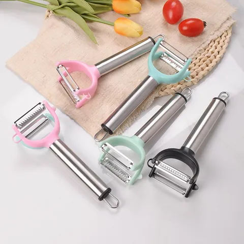 Pelador De Doble Cabezal De Acero Inoxidable Rallador Multifuncional Trituradora De Verduras Con Mango Ergonomico
