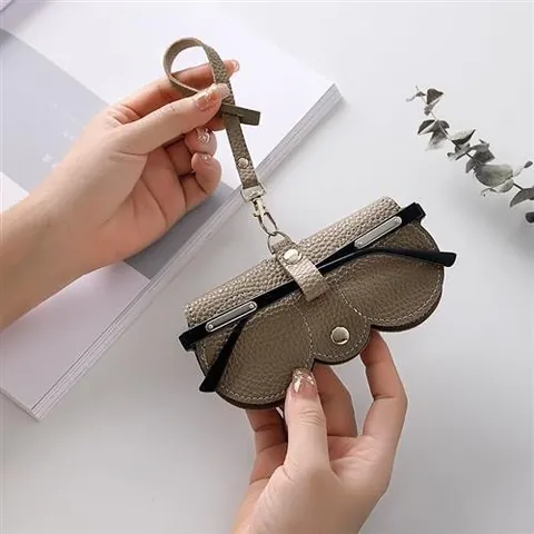Bolsa de Almacenamiento para Gafas de Cuero PU con Grano de Lichi Portátil Moda Borde Festoneado con Hebilla de Metal