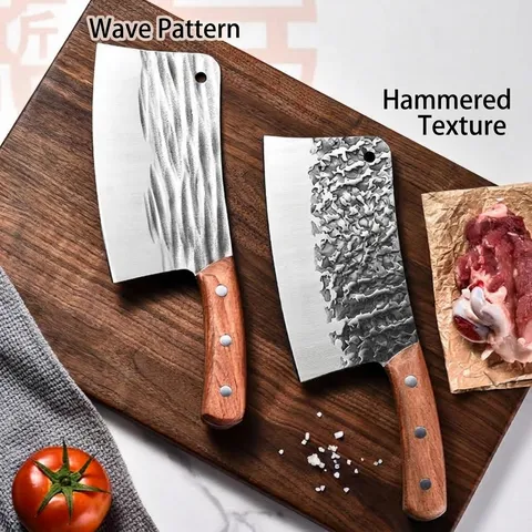 Heavy Duty Forged Meat Cleaver High Carbon Steel Bone Chopper With Wood Handle Hammered Wave Pattern Kitchen Knife