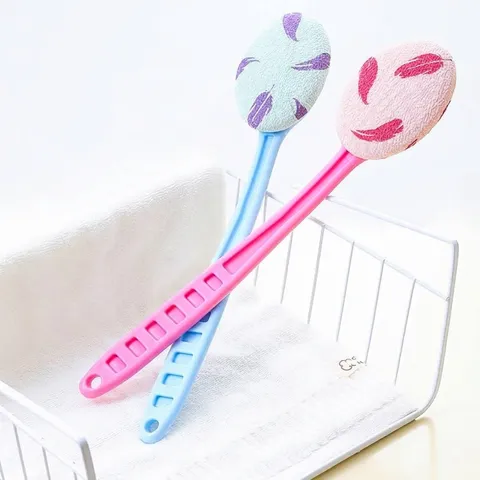 Long Handle Bath Brush For Body Scrubbing Sponge Cotton Exfoliating Shower Scrubber Feather Pattern Massage Brush Bathroom Tools