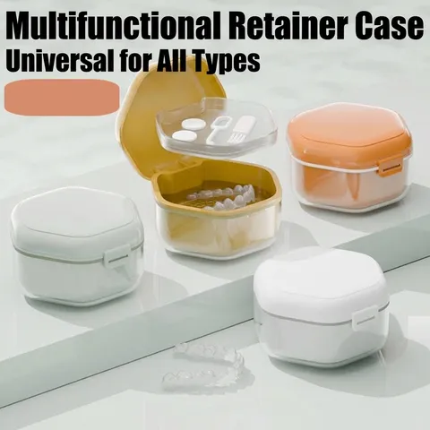 Portable Orthodontic Aligner Case Retainer Storage Box With Draining Basket For Denture Cleaning Soaking Hexagon Oral Care