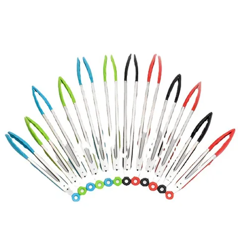 Stainless Steel Silicone Food Tongs With Stand Non-Slip Heat Resistant 9 Inch And 12 Inch Kitchen Tongs For Bread Steak BBQ
