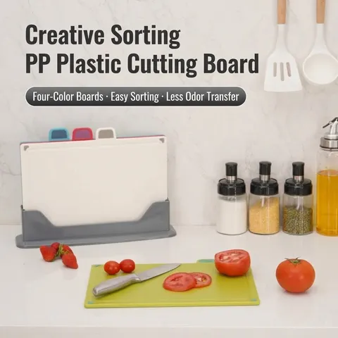 Modern Minimalist Classified Cutting Board Set With Storage Base Color Coded Plastic Chopping Boards For Meat Vegetables Fish Food Classification
