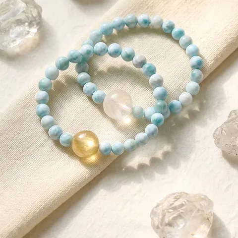 Bracelet en Perles de Larimar Naturel et Lépidolite Dorée pour Femmes Bijoux en Pierre de Cristal Blanc Laiteux Cadeau