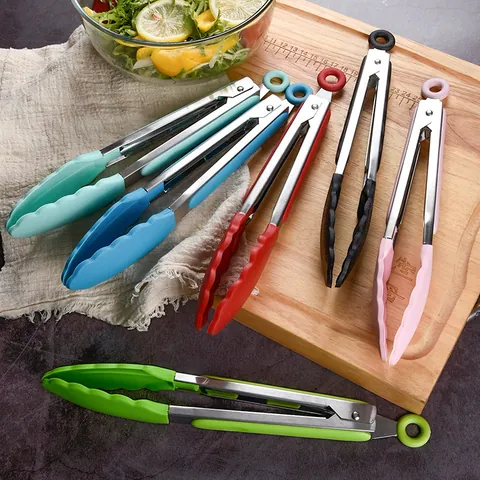 Silicone Food Tongs With Stainless Steel Handle Non-Slip Heat Resistant BBQ Serving Tongs For Cooking Baking Salad Bread Locking Tongs