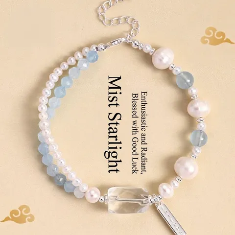 Φυσικό Μαργαριτάρι Γλυκού Νερού Aquamarine Strawberry Quartz Crystal Βραχιόλι με Χάντρες για Γυναίκες Φρέσκο Γλυκό Ρυθμιζόμενη Αλυσίδα Χεριού Κόσμημα Δώρο