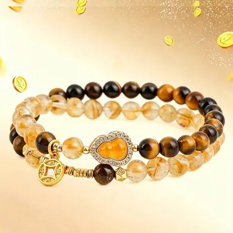 Neuer Chinesischer Stil Natürliches Gelbes Tigerauge Citrin Perlenarmband Damen Leichter Luxus Doppelring Flaschenkürbis Münze Charm Armband Viel Glück Schmuck Geschenk