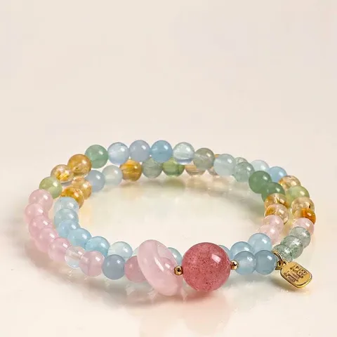 Pulsera de Cuentas de Cuarzo Rosa y Citrino de Doble Lazo para Mujer Colgante Fu Dorado Joyería de Cristal de la Suerte Regalo