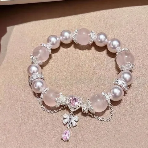 Pulsera de Cuentas de Cristal Natural Rosa Blanco Dulce para Mujer Exquisito Colgante de Corazón y Lazo Joyería de Perlas Artificiales