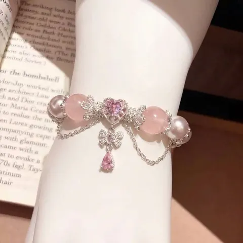 Pulsera de Cuentas de Cristal Natural Rosa Blanco Dulce para Mujer Exquisito Colgante de Corazón y Lazo Joyería de Perlas Artificiales