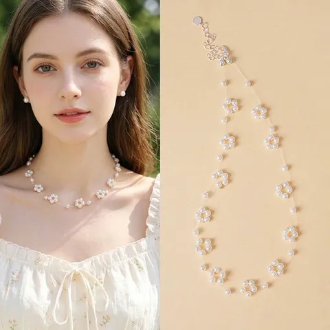 Fresh Forest Style Handmade Flower Star Beaded Necklace Women Amazonite Prehnite Blue Chalcedony Artificial Pearl Crystal Jewelry For Gift Daily Dating