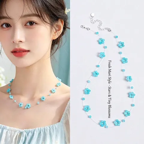 Fresh Forest Style Handmade Flower Star Beaded Necklace Women Amazonite Prehnite Blue Chalcedony Artificial Pearl Crystal Jewelry For Gift Daily Dating