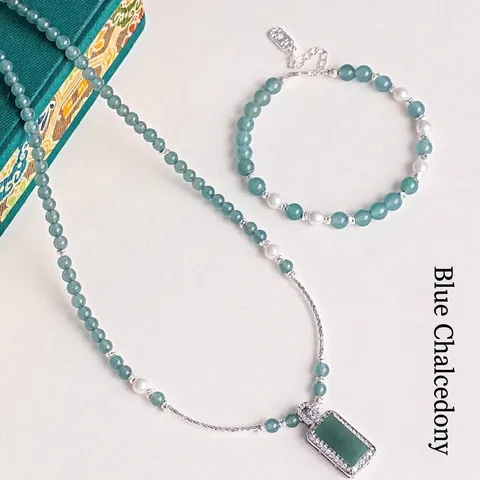 Mother's Day Gift Blue Chalcedony Freshwater Pearl Beaded Necklace Bracelet Jewelry Set For Women Elegant Chinese Style Accessories