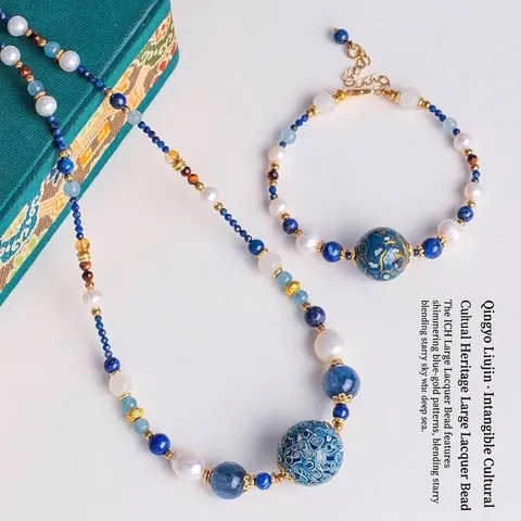 New Chinese Style Aquamarine Beaded Necklace Bracelet Set For Women Elegant Freshwater Pearl Lacquer Bead Jewelry Retro Gift