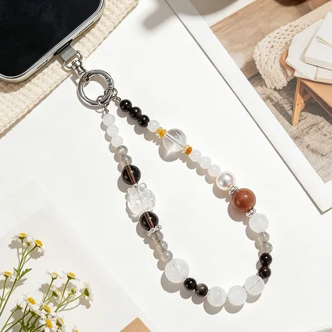 Nine-Tailed Fox White Crystal White Phantom Obsidian Beaded Phone Chain Pendant For Women Handmade Tech Accessory Jewelry Charm