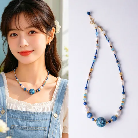 New Chinese Style Aquamarine Beaded Necklace Bracelet Set For Women Elegant Freshwater Pearl Lacquer Bead Jewelry Retro Gift