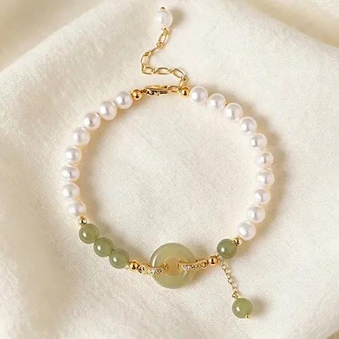 Natural Freshwater Pearl Hetian Jade Beaded Jewelry Set For Women Elegant Gold Plated Rhinestone Necklace Bracelet Gift